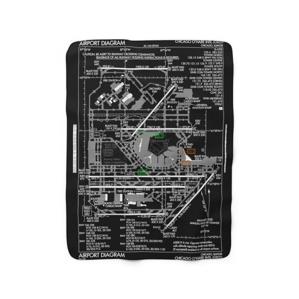 Chicago Airport Diagram Sherpa Fleece Blanket Black ORD - RadarContact